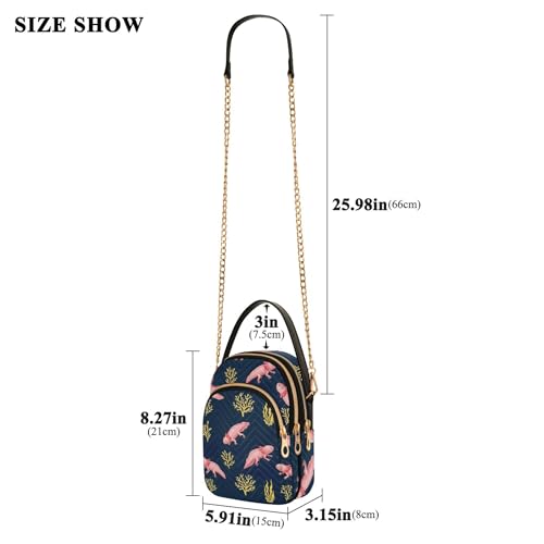 Cartoon Coral Pink Axolotls Blue One Shoulder Purse Women Cell Phone Purse Chain Strap Floral Print Ladies Crossbody Satchel Bag, 5.9" × 8.3" × 3.1"3