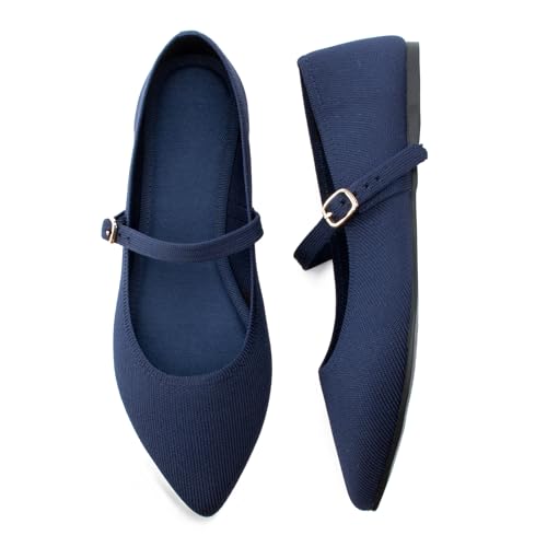 Image of Soesyi Pointed Toe Flats Knit Ballet Flat Shoes for Women Comfortable with Adjustable Strap,Washable Dressy Casual Flats for Work Office