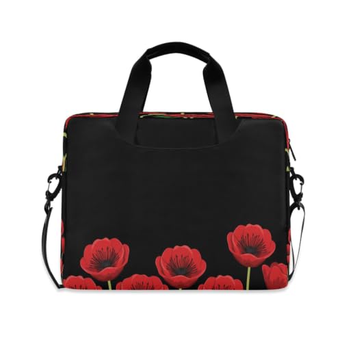 Maletín de portátil con flores rojas y bolsillo con cremallera para guardar accesorios