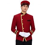 Wunborne Men Bellhop Costume Set with Hat & White Gloves for Halloween Cosplay Party Outfit,Red,L