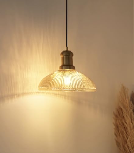 Image of Divine Trends Ribbed Golden Luster Glass Pendant Hanging Light with Antique Brass Finish | Hanging Lights for Living Room, Bedroom, Kitchen, Dining | Ceiling Lamp for Cafes, Restaurants Pack of 1
