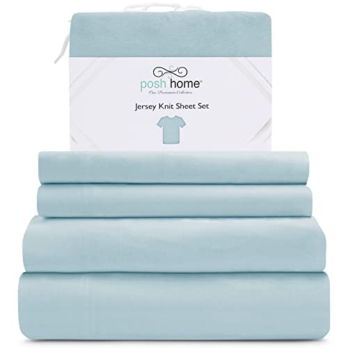 Posh Home Twin Size Jersey Knit Sheet Set, 3-Piece - Soft & Breathable All-Season Cotton Blend with Deep Pockets - Flat Sheet, Fitted Sheet & 1 Pillowcase - Sky Blue by Posh Home - Used condition - US$27.54
