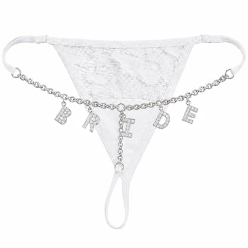 Image of BRIDE Rhinestone Lace Thong for Bride, Bridal Shower & Bachelorette Party Gift, Wedding Day Lingerie, Honeymoon Underwear, Adjustable One Size Fits Most