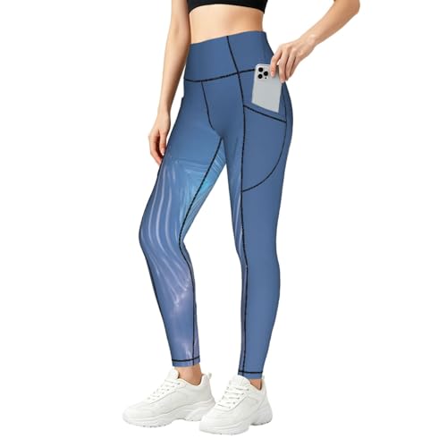 Leggings de yoga cintura alta control de abdomen Blue Light01 con bolsillos laterales para running