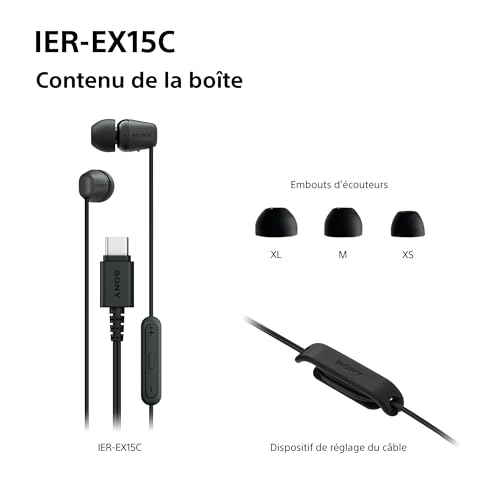 Sony IER-EX15C avec Micro – Écouteurs filaires USB-C pour Android, iPhone, Ordinateur Portable et PC – Câble Anti-enchevêtrement – Parfaits pour Les Voyages et Une Utilisation Quotidienne – Noir