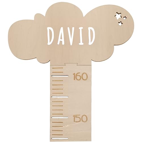nagu® Medidor Niños Pared Madera Personalizado, Diseño de Nube Unisex. Regla para Para medir la Altura desde los 63 hasta162 cm, Incluye Letras para personalizar con nombre, Regalo Infantil original