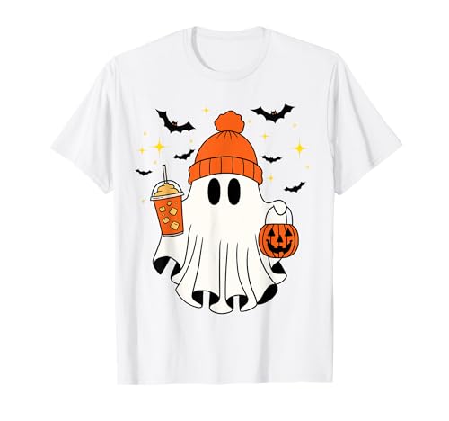 Cute Ghost Drinking Coffee - Fun Halloween Design Camiseta