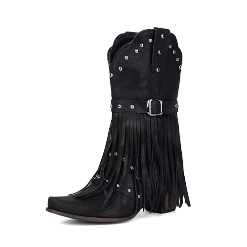 Fringe Cowboy Boots for Women Mid Calf Studded Pointed Toe Western Tassel Cowgirl Boots Women