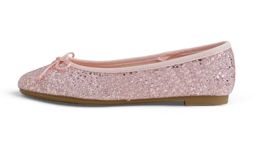 Feversole Round Glitter Ballerina, Damen Klassische Ballerinas Profilsohle Glänzende Ballerina Flach Glänzende Hellrosa 40