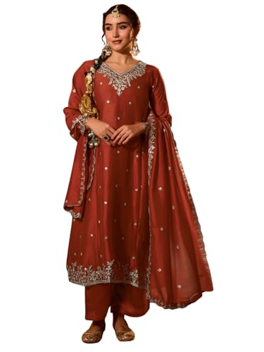Image of Naixa Women's Vichitra Silk Embroidered A-Line Kurta with Pant and Dupatta Sets (NX-845)
