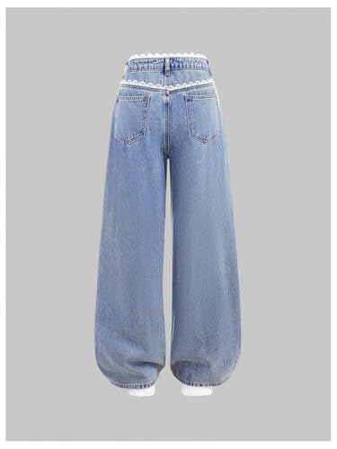 Verdusa Girl's Lace Pearl Bow Jeans Wide Leg Denim Pants with Pockets2