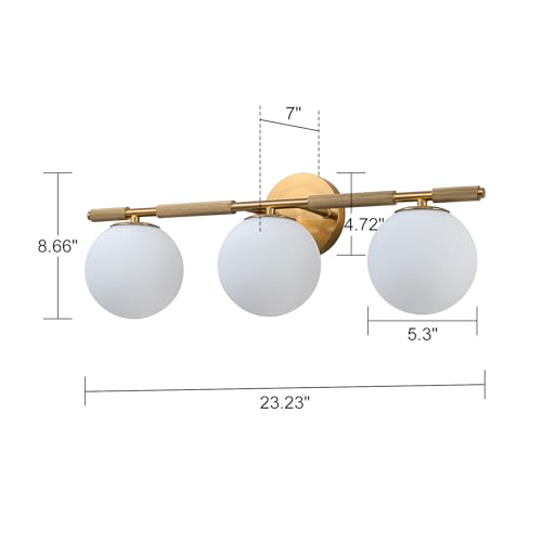 Image of 24 inch Brass Vanity Light, 3-Light Modern Gold Bathroom Lighting Fixtures Over Mirror with Knurled Texture Milk Glass Globe Wall Sconce