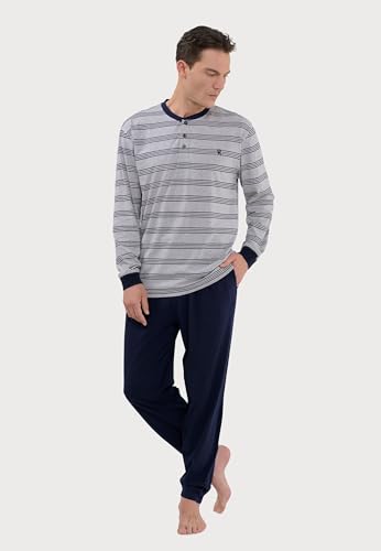 El Búho Nocturno Mens Pajama Set Long Sleeve Knit Premium Striped Pajama Set for Men, 85% Cotton, 15% Viscose, Grey 5590, M2