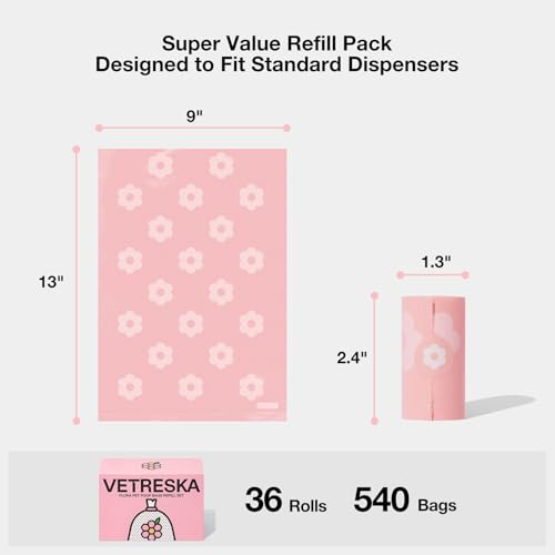 Image of VETRESKA Lavender Scented Dog Poop Bags, Leak Proof, Extra Thick and Large Pet Waste Bags for Dog Walking and Cat Litter, 36 Refill Rolls, 540 Bags, Pink