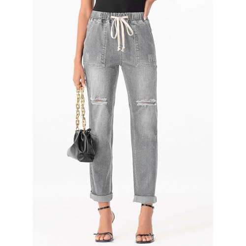 fanmpghleoo Straight Leg Jeans for Women Drawstring Elastic Waist Jeans Baggy Pull On High Waisted Denim Joggers with Pockets2