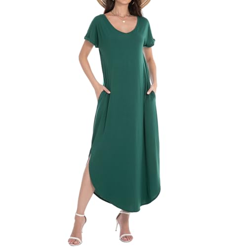 Image of Matchstick Women's Flowy Maxi Dress V-Neck Relaxed Loose Fit Short Sleeve Casual Sundress with Pockets Side Split Beach Dress