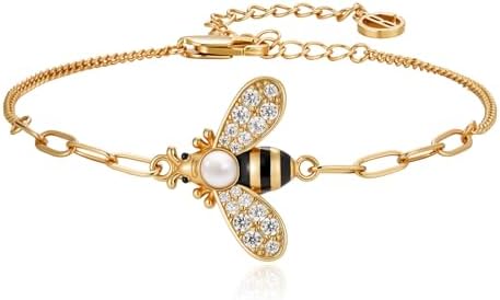 Cicy Bell Womens Bumble Bee 18K Gold Plated Bracelets Oval Pearl Cubic Zirconia Figaro Chain Trendy Cute Animal Jewelry Gift