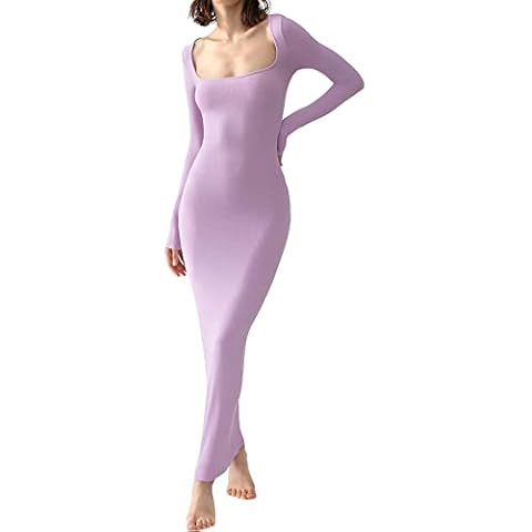 Women's Square Neck Rib Knit Dress Long Sleeve Stretch Bodycon Maxi Long Dress (Purple, S) Cover