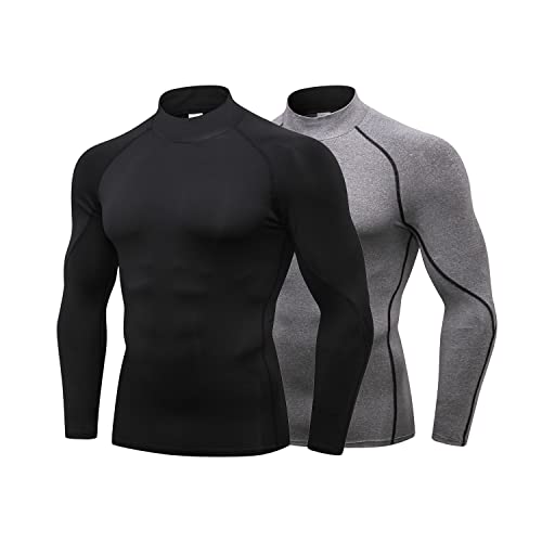 LANBAOSI Paquete de 3/2 camisetas de compresión de cuello alto simulado para hombre, de manga larga, protección solar, para entrenamiento, gimnasio, camiseta interior, Negro y gris., M
