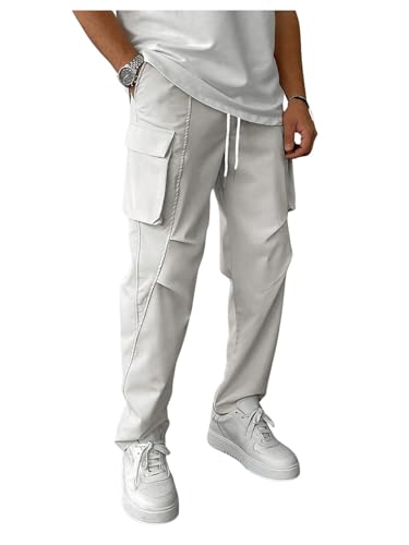 OYOANGLE Men's Drawstring Waist Flap Pocket Jogger Cargo Pants Solid Athletic Work Casual Pants