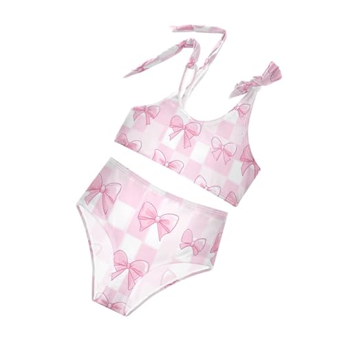 Plaaee Girls' 2 Piece Swimsuits Pink Bows Checkered Cute Bikini Set Bathing Suit 4T4