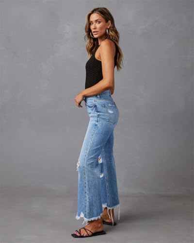 Women High Waist Ripped Jeans Baggy Pants,Wide Leg Tassel Washed Straight Casual Trousers,High Waisted Jeans3