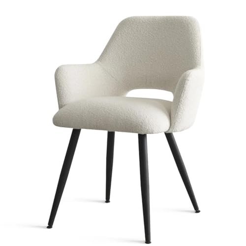 Image of Finch Fox Motel Luxurious Home Collection Upholstery Boucle Fabric Arm Dining Room Chairs in Cream Color with Black Metal Powder Coated Legs (Set of 2)