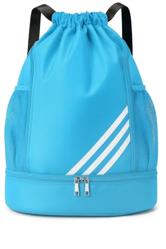 Mochila Esportiva com Cordão Impermeável, Separação Seca e Úmida, Grande Capacidade, Bolsos Laterais em Malha, Ideal para Academia, Viagem e Esportes – Com Listras (Azul Claro)