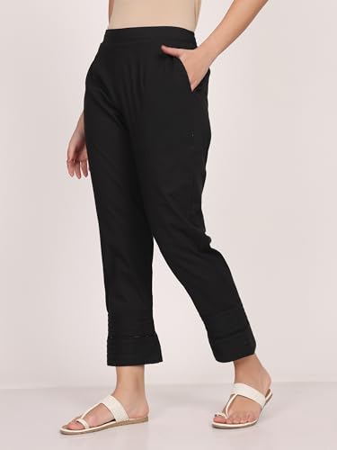 Image of SAVI Black Cotton Pintuck Detailed Pant