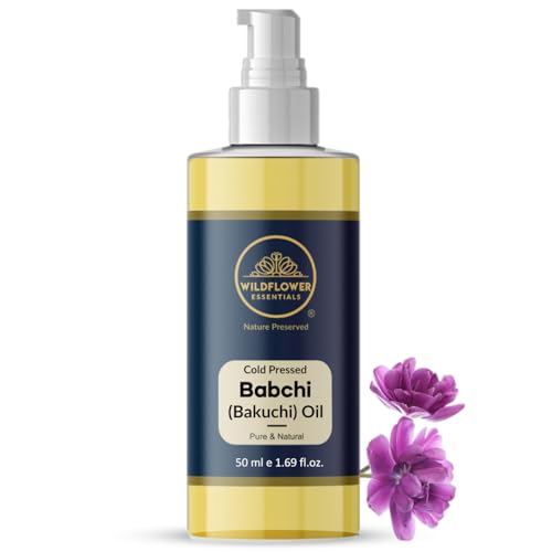 WILDFLOWER ESSENTIALS Babchi Oil (Bakuchi) (Psoralea corylifolia) 100% Natural Cold Pressed Carrier Oil For Face Hair Skin Body | with Dispensing Pump 1.69 Fl Oz (50ml)