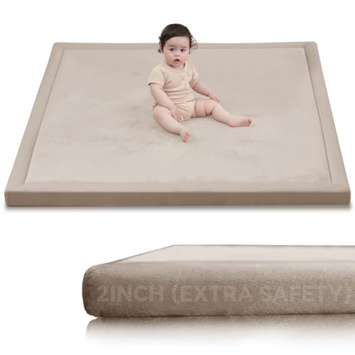 Huloo Sleep 2" Thick Extra Safety Baby Play Mat for Floor,Ultra Soft Elasti-Foam 50x50 Playpen Mat for Toddlers Infant Kids,Non-Slip Backing Safe for Crawling&amp;Tummy Time,Tatami Style (Beige)