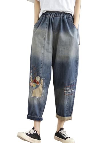 Jean déchiré à patch imprimé et taille élastique à cordon ajustable