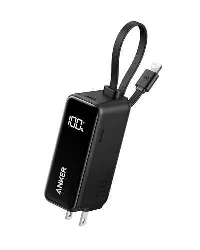 Anker Power Bank USB C Charger Block,3-in-1 5,000mAh Portable Charger with Built-in Lightning Cable and Foldable AC Plug,30W Max Compact Battery Pack,for iPhone 14 Series, Galaxy, MacBook,and More