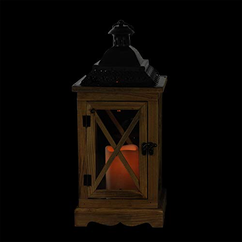 17.5" Rustic Wooden Lantern With Brown Metal Top And Led Flameless Pillar Candle With Timer #TOP3