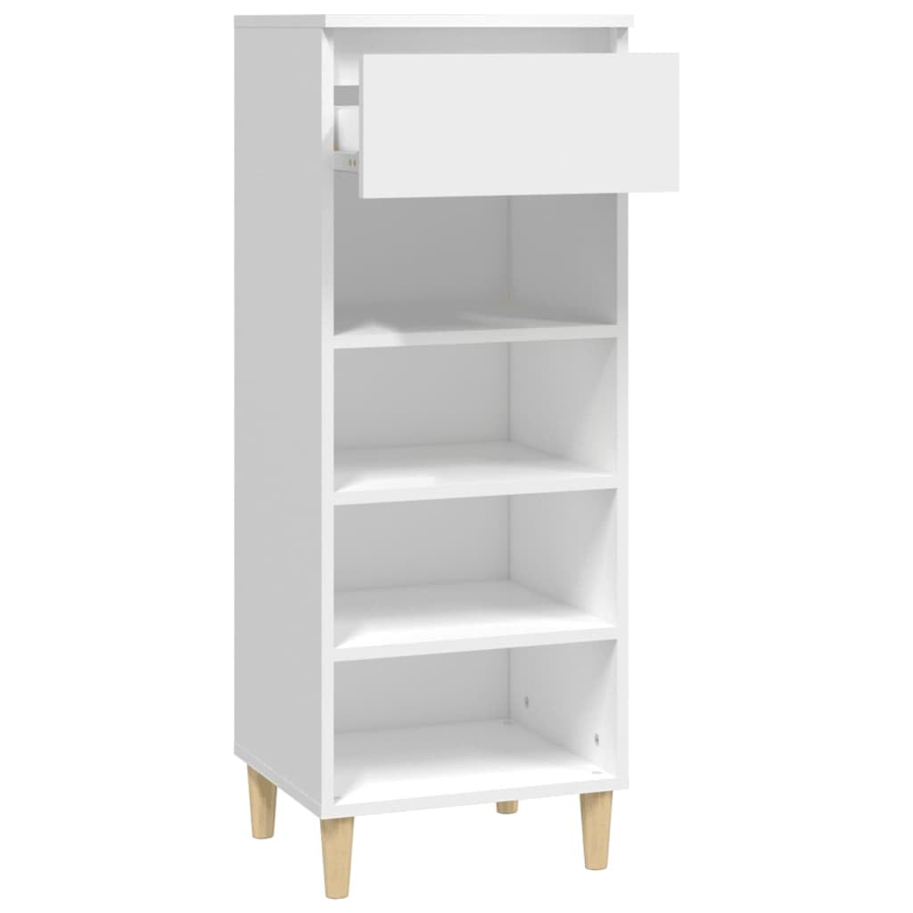 Zapatero blanco 40 x 36 x 105 cm de madera con 4 bolsillos abiertos y 1 cajón para almacenamiento, placa superior estable y patas de madera resistentes, armario de almacenamiento compacto