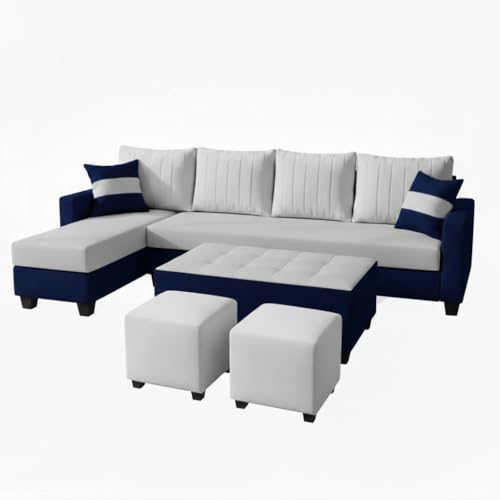 Image of FURNY Avenue 8 Seater Fabric LHS L Shape Sofa Set with 1 Centre Table & 2 Puffy (Light Grey-Dark Blue) Premium Velvet Finish