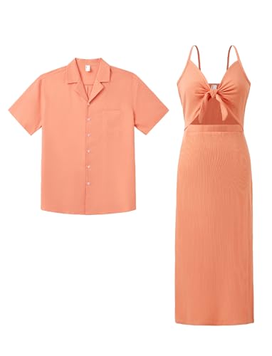 PATPAT Matching Outfits for Couples: Him and Her Matching Sets Turndown Collar Solid Linen Chest Pocket Shirt Vacation Beach Sun Orange Men XL