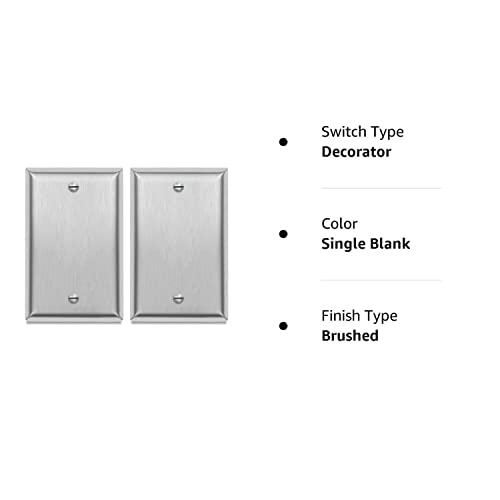1-Gang Blank Decorator Metal Wall Plate - Stainless Steel Switch Outlet Cover,Brushed Finish, Silver (2-Pack, Single Blank) #TOP7