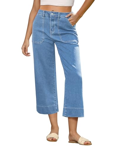 GRAPENT Capri Jeans for Women High Waisted Wide Leg Trendy Strechy Loose Straight Cropped Denim Jeans Pants with Pockets