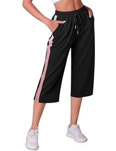 iClosam Pantalon Jogging Femme Coton Pantalons de Sport Été Longueur 3/4 Pantalon de Survêtement Taille Haute Pantalons Décontractés Couleur Contrastée pour Running Fitness S-XXL