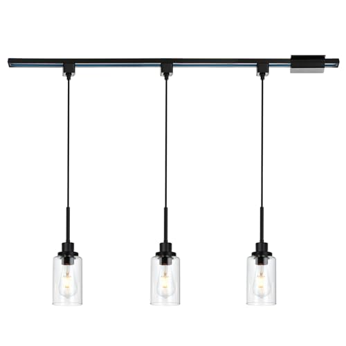 WINSHEN 3-Pack H-Type Track Pendant Light Fixtures, Black Ceiling Track Lighting with 40-Inch Track Lighting Rail & H Track Floating Canopy Connector, Clear Glass Dining Room Chandelier
