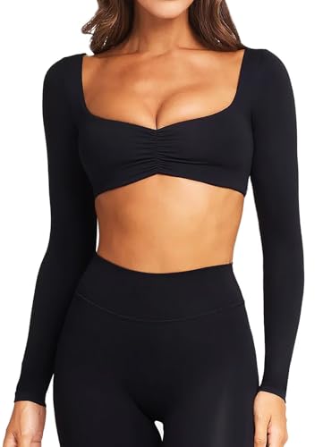 TZLDN Long Sleeve Workout Tops for Women Crop Tops with Built in Bra Padded Square Neck Yoga Athletic Gym Shirts Low Impact Black - Medium