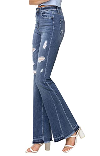 Flying Monkey, High Rise Distressed Insert Panel Released Hem Flare Jean, Dark Blue4