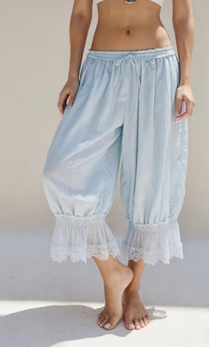 Image of NUFIWI Women Ruffle Long Bloomer Y2k Lace Trim Pettipants Pantaloons Mid Rise Cropped Pajama Pants Under Dress Slips