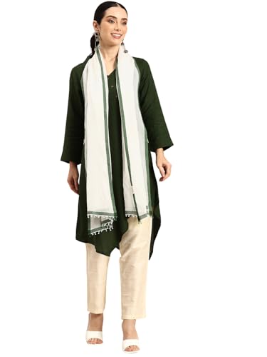 ASVA Handwoven Off-White Cotton Scarf with Green Border and Selvedge, Elegant Christmas Collection Accessory for Women2
