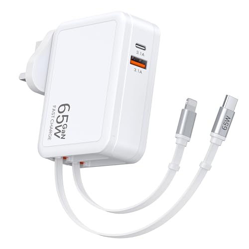 65W Wall Charger with Dual Retractable Cables 4 in 1 USB C Plug UK Travel Essentials Brick with Dual USB Ports 2.6ft Lightening+Type C Cables Fast Charging Block for iPhone 17/16/15 iPad MacBook Pro