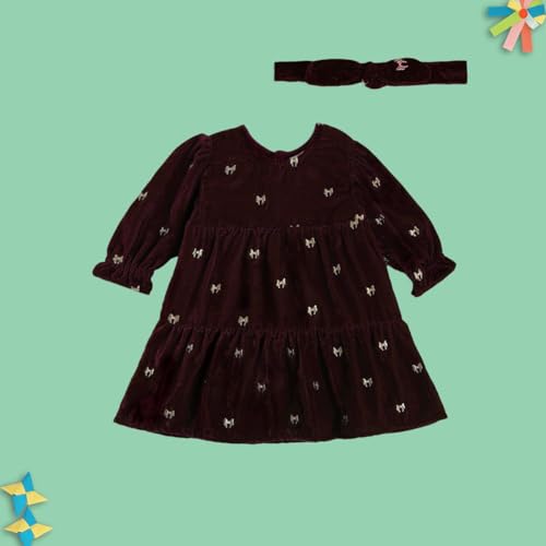 Image of miniklub Baby Round Neck Knee Length Woven Cotton Dress With Hairband (Maroon Color)