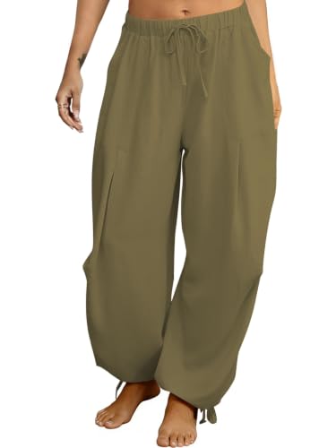 Image of Women's Linen Balloon Barrel Beach Pants Boho Harem Flowy Drawstring Casual Loose Pants with Pockets