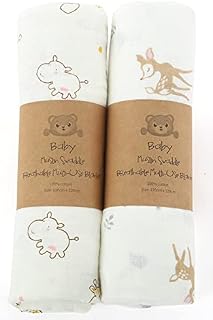 Muslin Swaddle Blanket Towel Extra Large 120 x 120CM 2 Pack Pre-Washed 100% Cotton Ultra Soft (Golden Giraffe & Brown Deer)