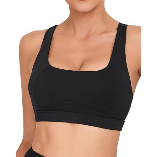 RUNNING GIRL Y-Back Sports Bras for Women, Medium Impact Wirefree Padded Bra Workout Crop Top Longline Sports Bra Push up Small D-black